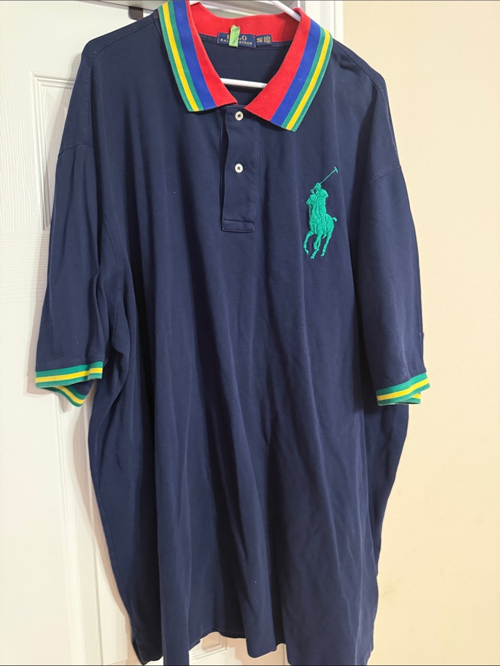 Ralph Lauren Navy Polo with Multicolor Stripe Collar